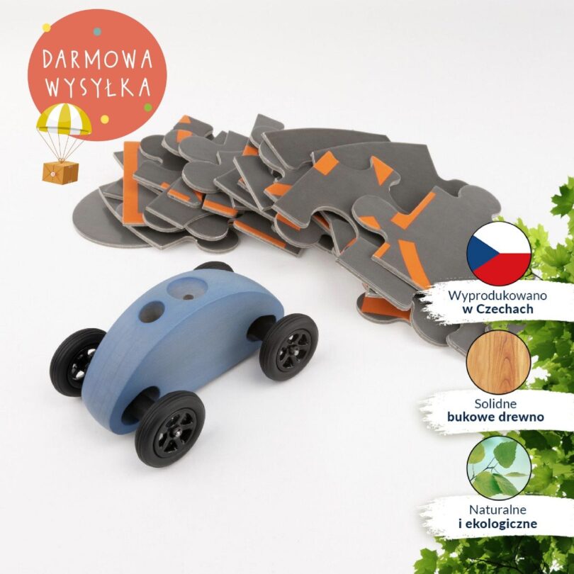 Drewniany Samochodzik FINGER CAR z układanką -  niebieski - obrazek 11