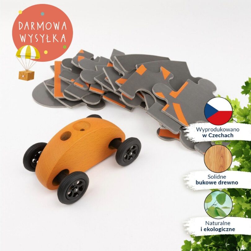 Drewniany Samochodzik FINGER CAR z układanką – pomarańczowy - obrazek 13