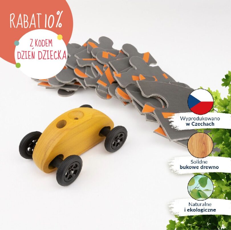 Drewniany Samochodzik FINGER CAR z układanką – żółty - obrazek 11