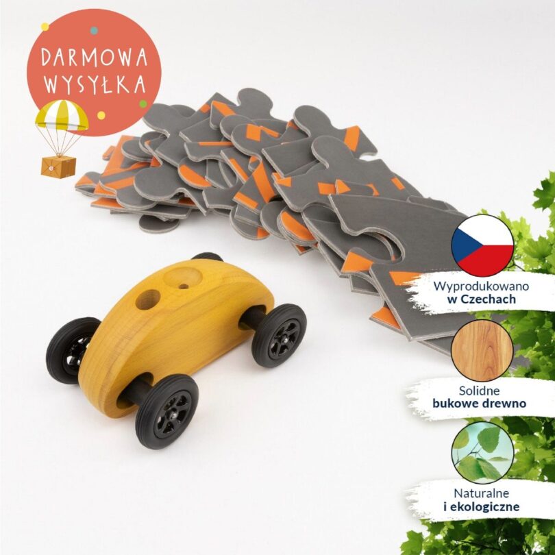 Drewniany Samochodzik FINGER CAR z układanką – żółty - obrazek 12