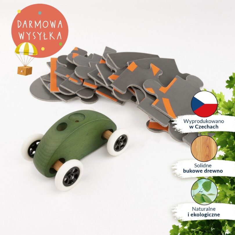 Drewniany Samochodzik FINGER CAR z układanką – zielony - obrazek 13